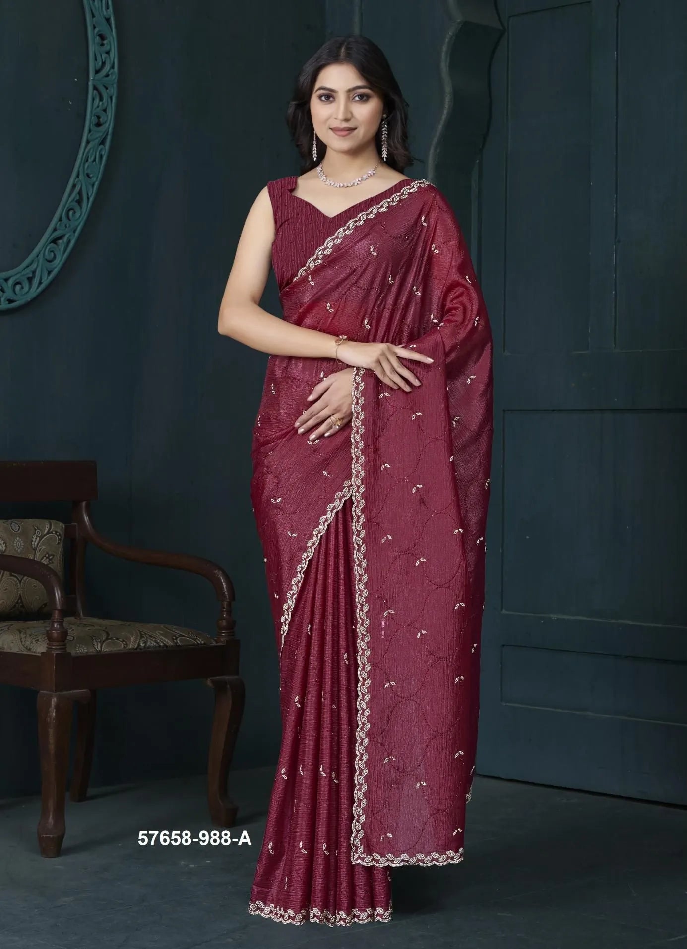 Wine Red Crape Silk Zarkan-Work Festive-Wear Desi Saree