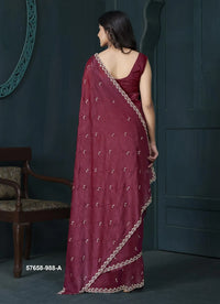 Wine Red Crape Silk Zarkan-Work Festive-Wear Desi Saree