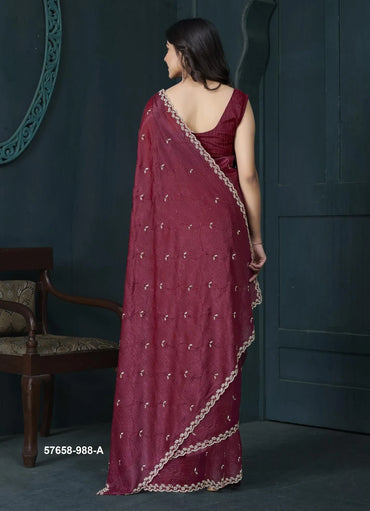 Wine Red Crape Silk Zarkan-Work Festive-Wear Desi Saree