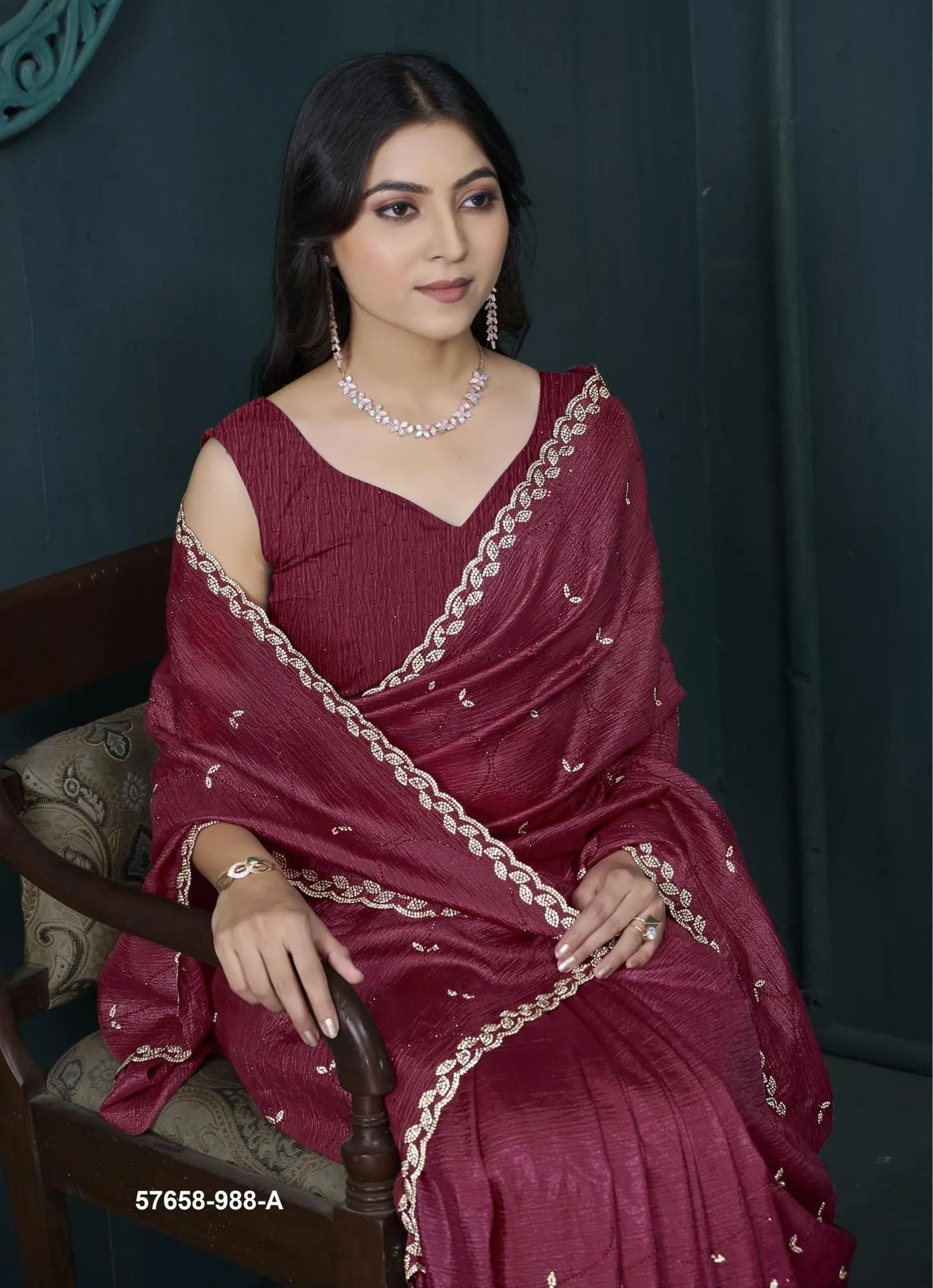 Wine Red Crape Silk Zarkan-Work Festive-Wear Desi Saree