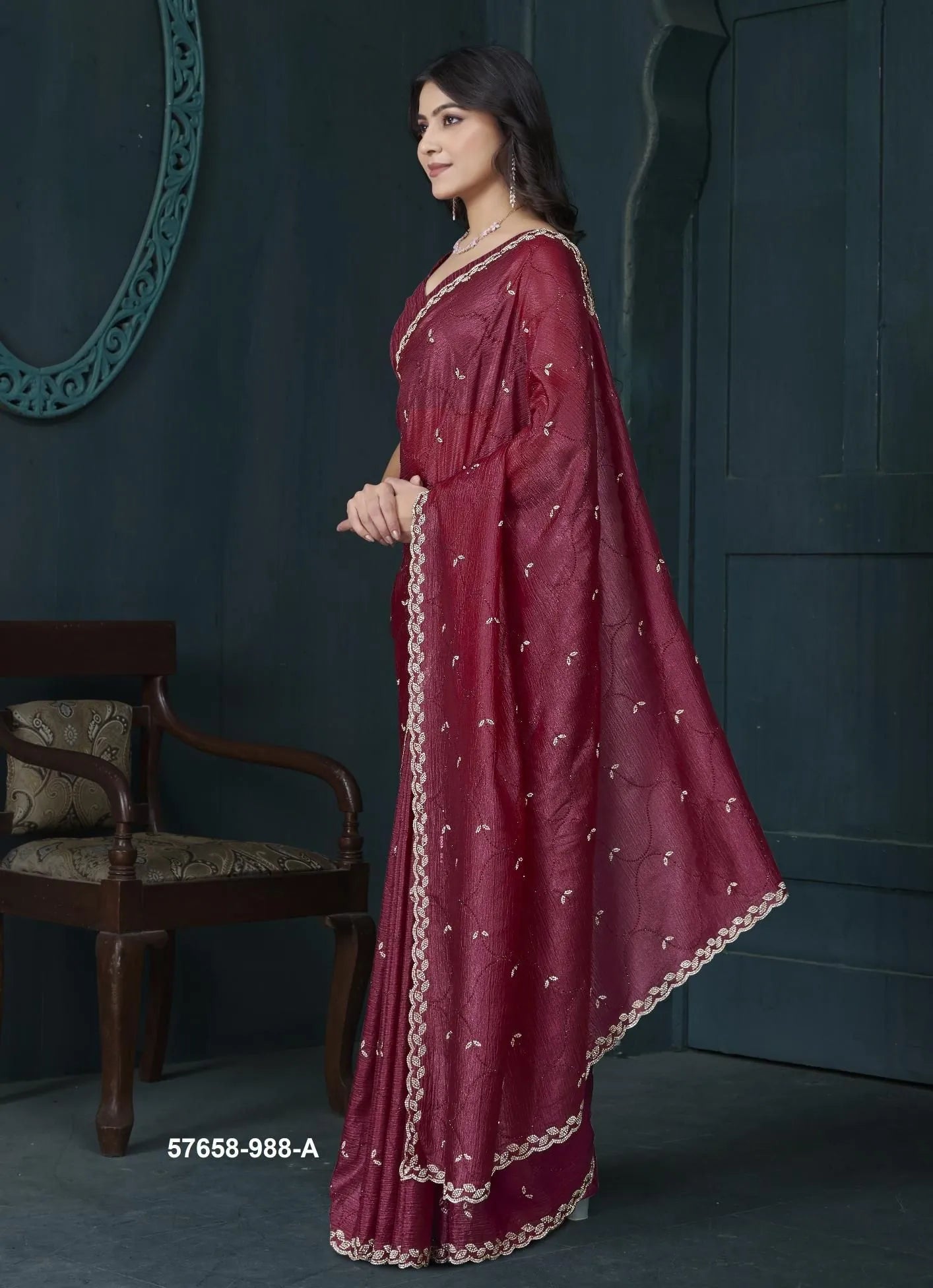 Wine Red Crape Silk Zarkan-Work Festive-Wear Desi Saree