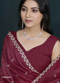 Wine Red Crape Silk Zarkan-Work Festive-Wear Desi Saree
