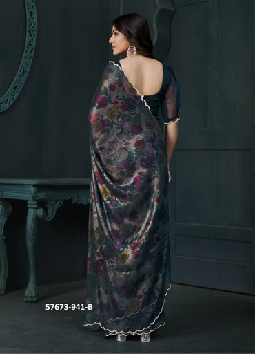 Dark Sea Blue Two Tone Silk Floral Digitally Printed Party-Wear Saree