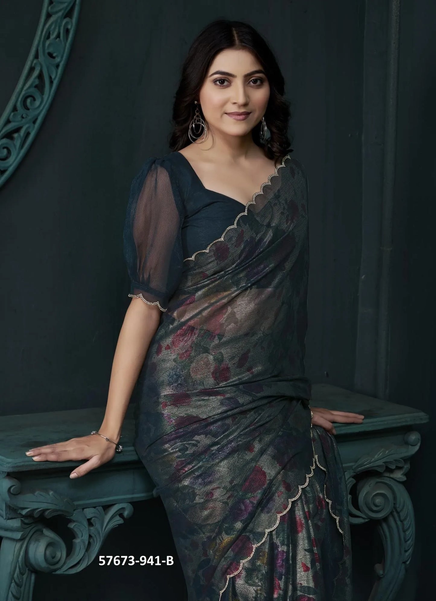 Dark Sea Blue Two Tone Silk Floral Digitally Printed Party-Wear Saree