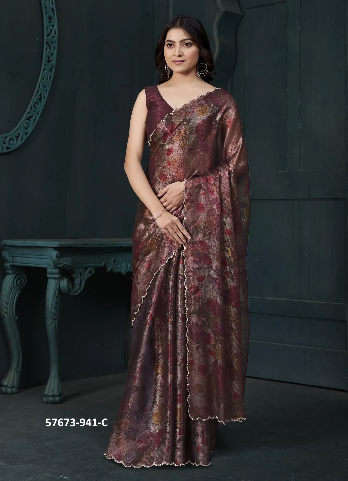 Wine Two Tone Silk Floral Digitally Printed Party-Wear Saree