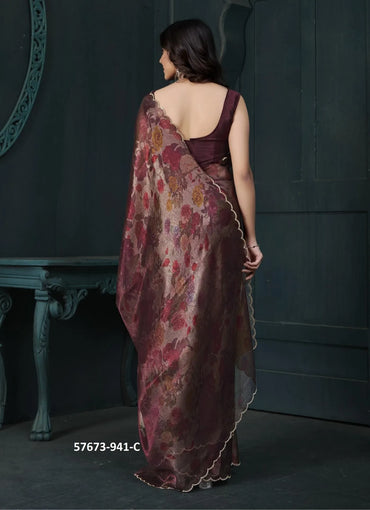 Wine Two Tone Silk Floral Digitally Printed Party-Wear Saree