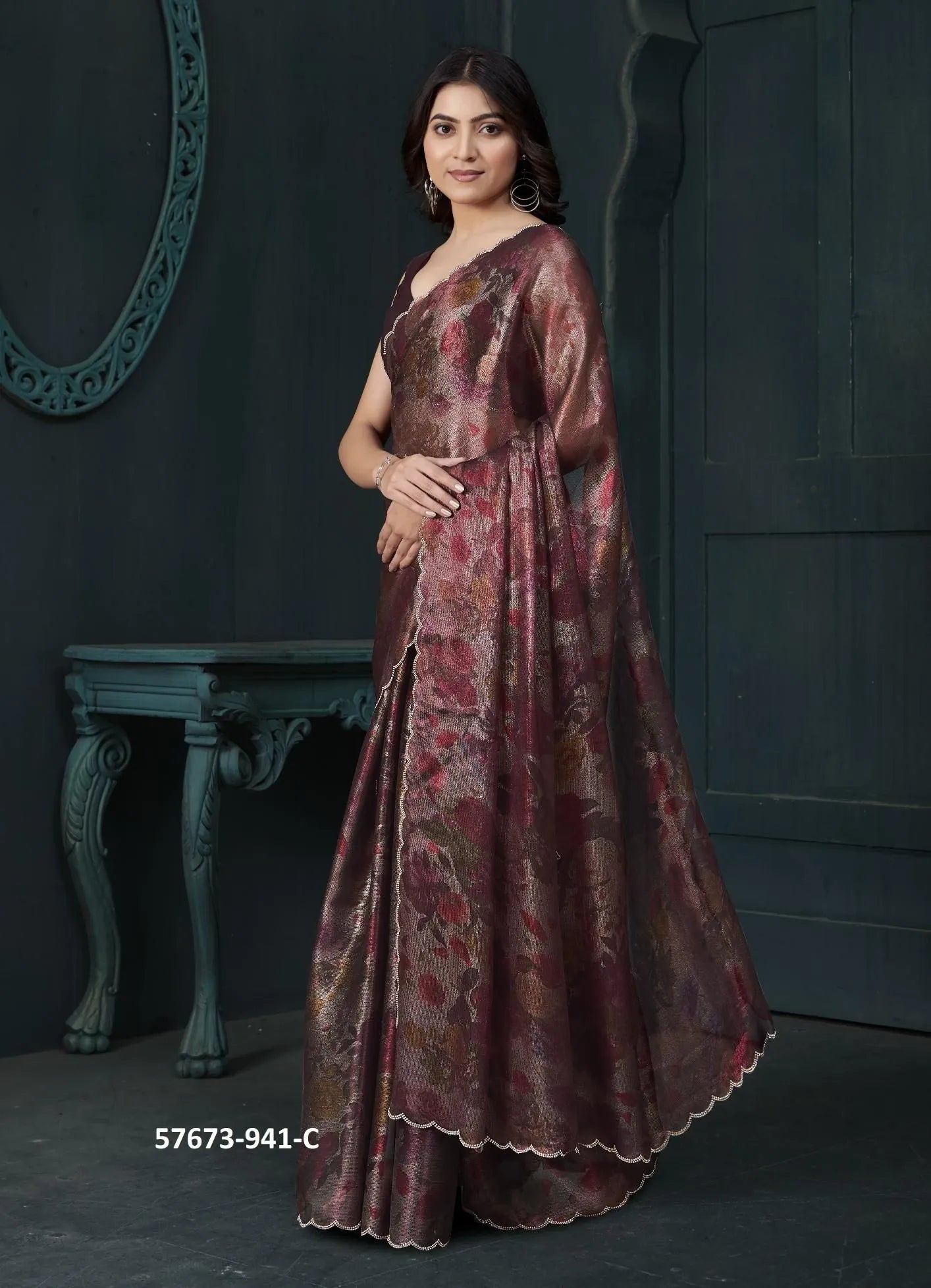 Wine Two Tone Silk Floral Digitally Printed Party-Wear Saree