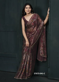 Wine Two Tone Silk Floral Digitally Printed Party-Wear Saree