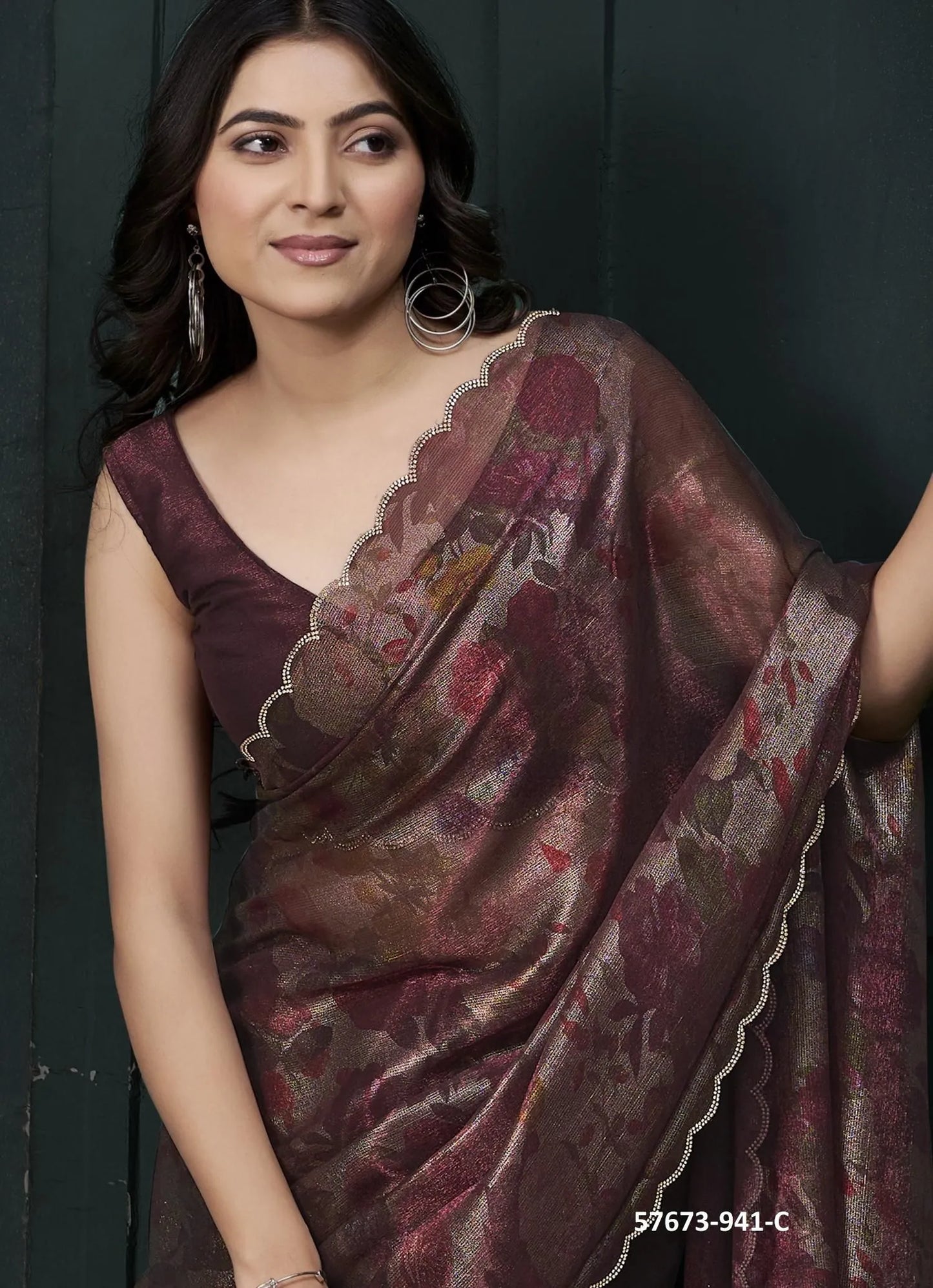 Wine Two Tone Silk Floral Digitally Printed Party-Wear Saree