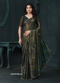 Dark Green Two Tone Silk Floral Digitally Printed Party-Wear Saree