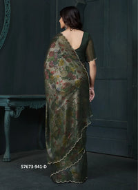 Dark Green Two Tone Silk Floral Digitally Printed Party-Wear Saree
