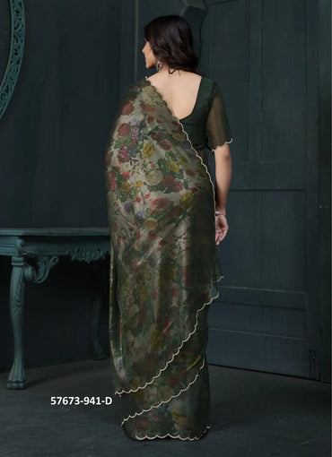 Dark Green Two Tone Silk Floral Digitally Printed Party-Wear Saree