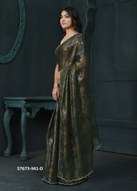 Dark Green Two Tone Silk Floral Digitally Printed Party-Wear Saree