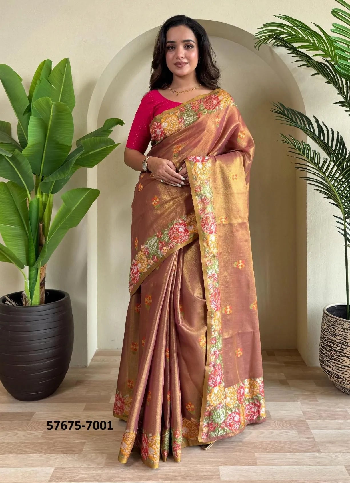 Light Salmon Tissue Silk Woven Party-Wear Saree