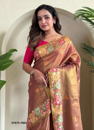 Light Salmon Tissue Silk Woven Party-Wear Saree