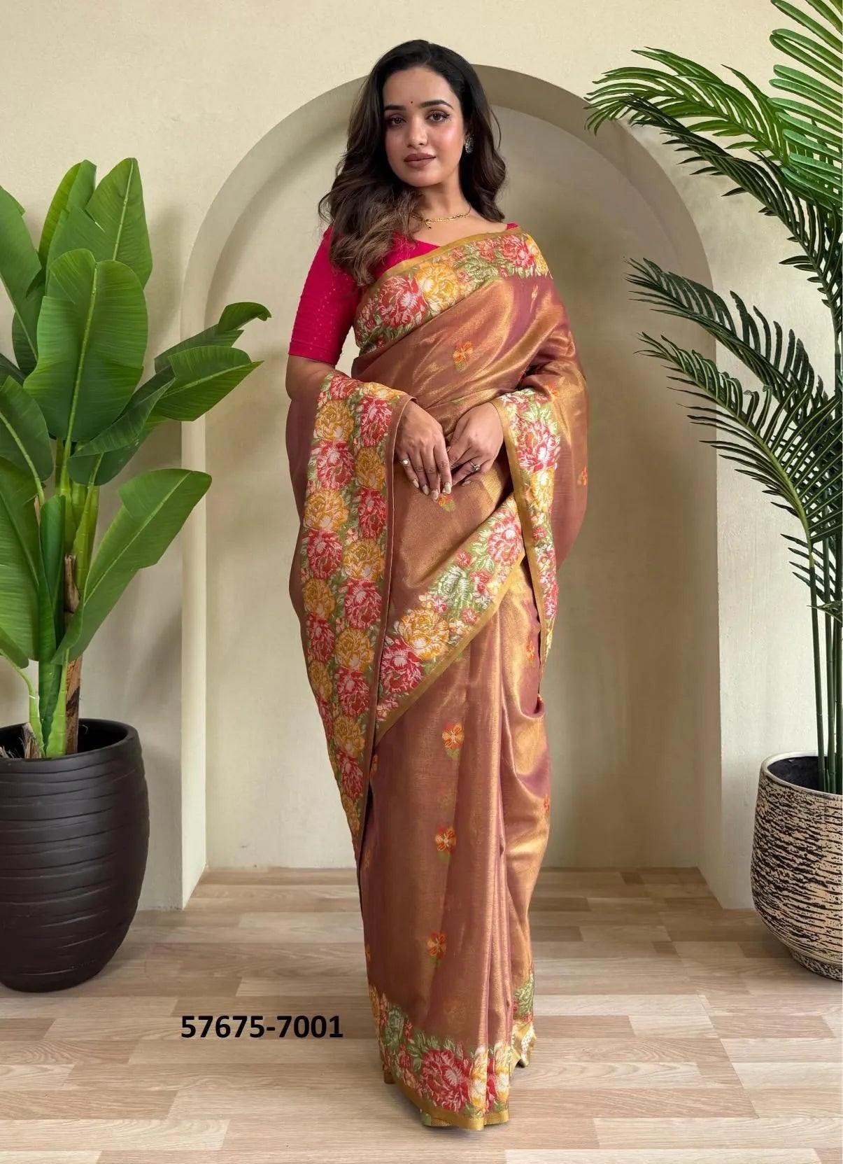 Light Salmon Tissue Silk Woven Party-Wear Saree