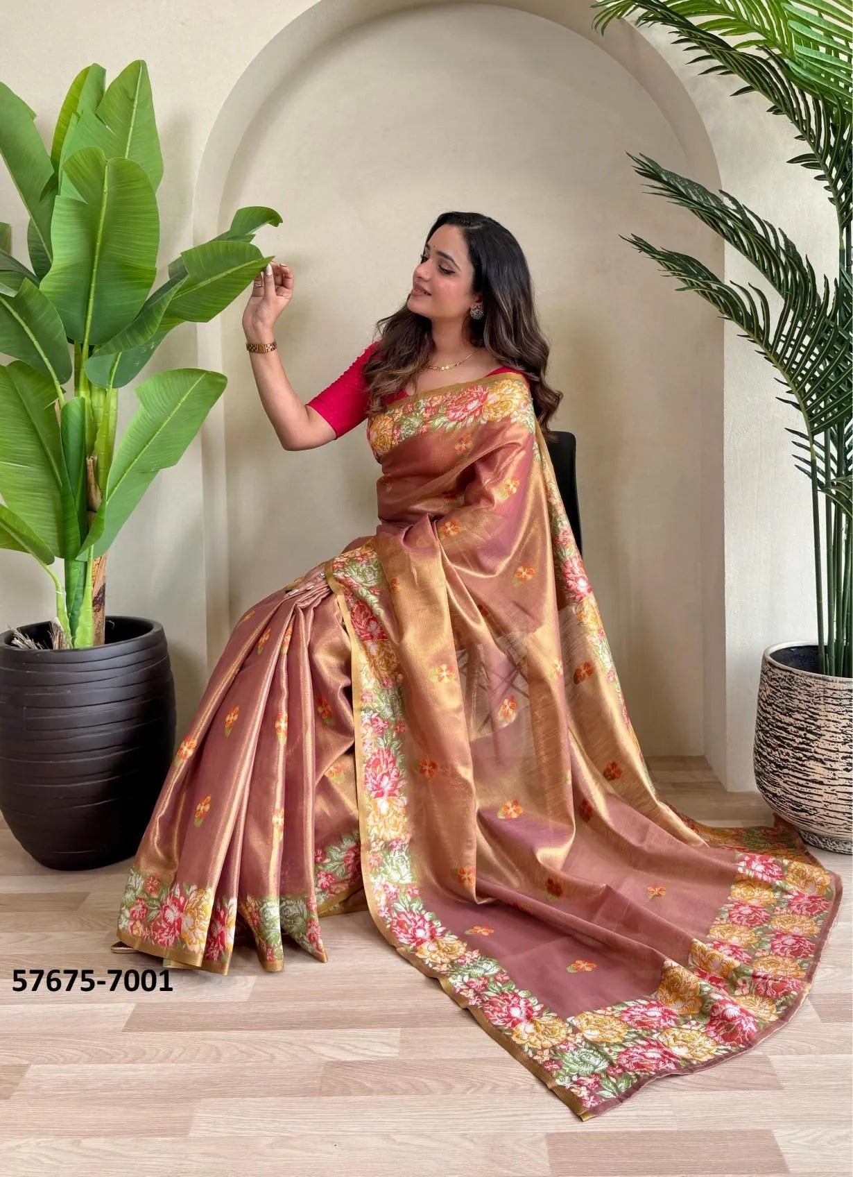 Light Salmon Tissue Silk Woven Party-Wear Saree