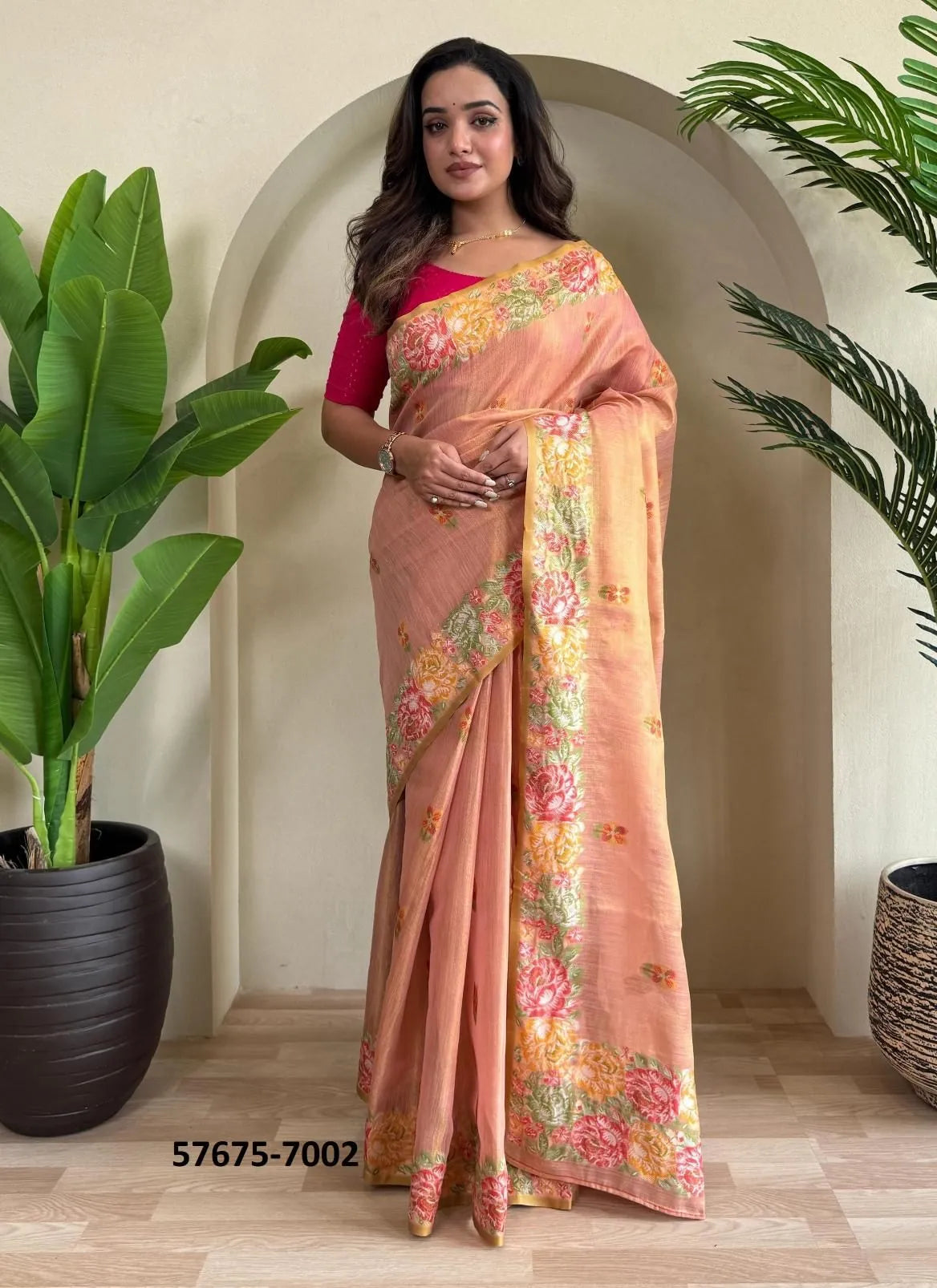 Light Coral Tissue Silk Woven Party-Wear Saree