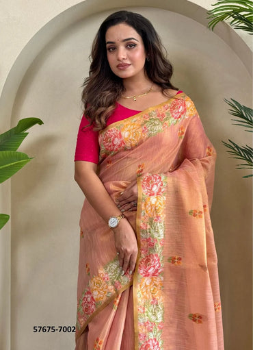 Light Coral Tissue Silk Woven Party-Wear Saree