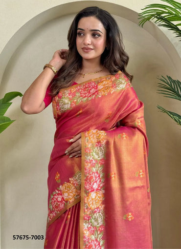 Dark Pink Tissue Silk Woven Party-Wear Saree