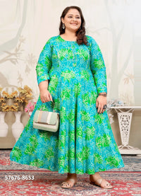 Teal Blue Premium Rayon Printed Resort-Wear Plus-Size Readymade Kurti