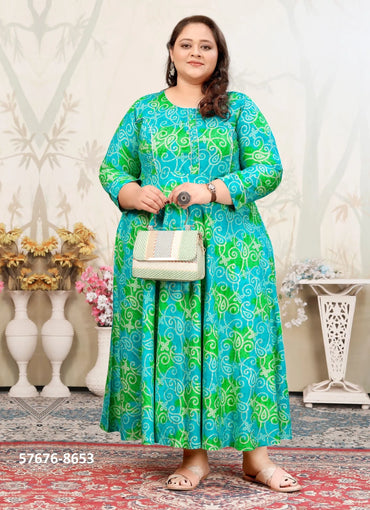 Teal Blue Premium Rayon Printed Resort-Wear Plus-Size Readymade Kurti