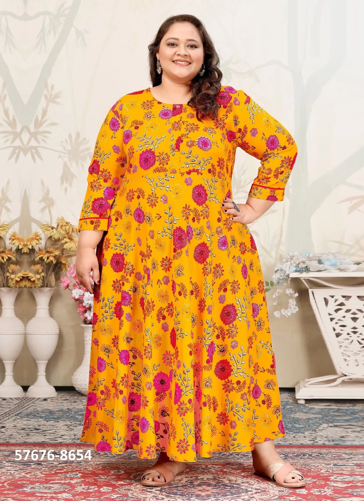 Orange Premium Rayon Printed Resort-Wear Plus-Size Readymade Kurti