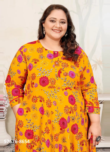 Orange Premium Rayon Printed Resort-Wear Plus-Size Readymade Kurti