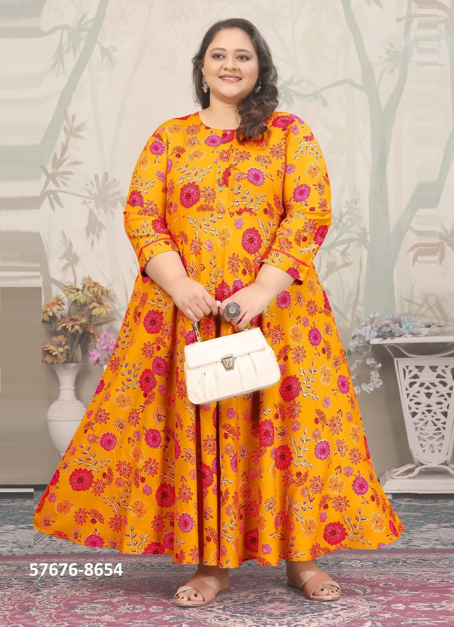 Orange Premium Rayon Printed Resort-Wear Plus-Size Readymade Kurti