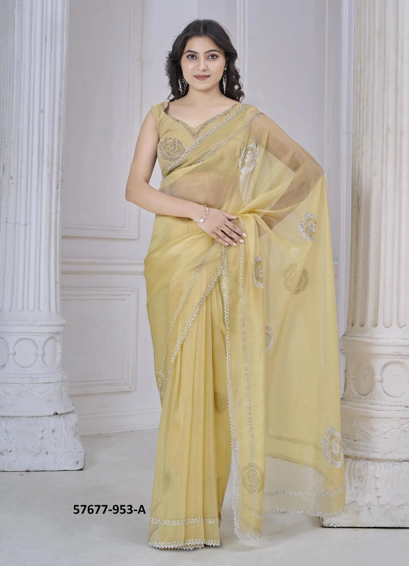 Yellow Organza Zarkan-Work Beautiful Saree For Kitty-Parties