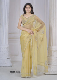 Yellow Organza Zarkan-Work Beautiful Saree For Kitty-Parties