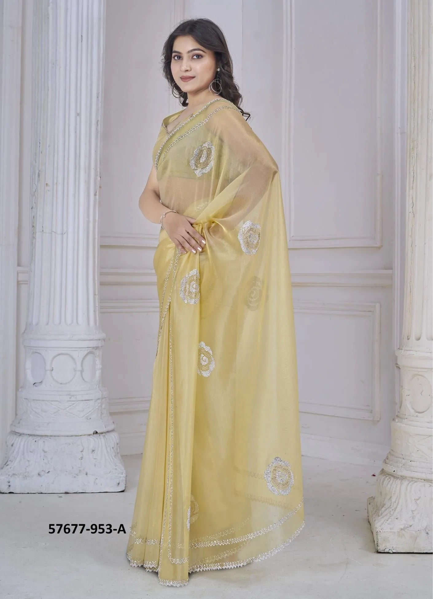 Yellow Organza Zarkan-Work Beautiful Saree For Kitty-Parties