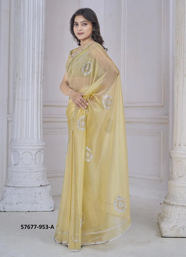 Yellow Organza Zarkan-Work Beautiful Saree For Kitty-Parties
