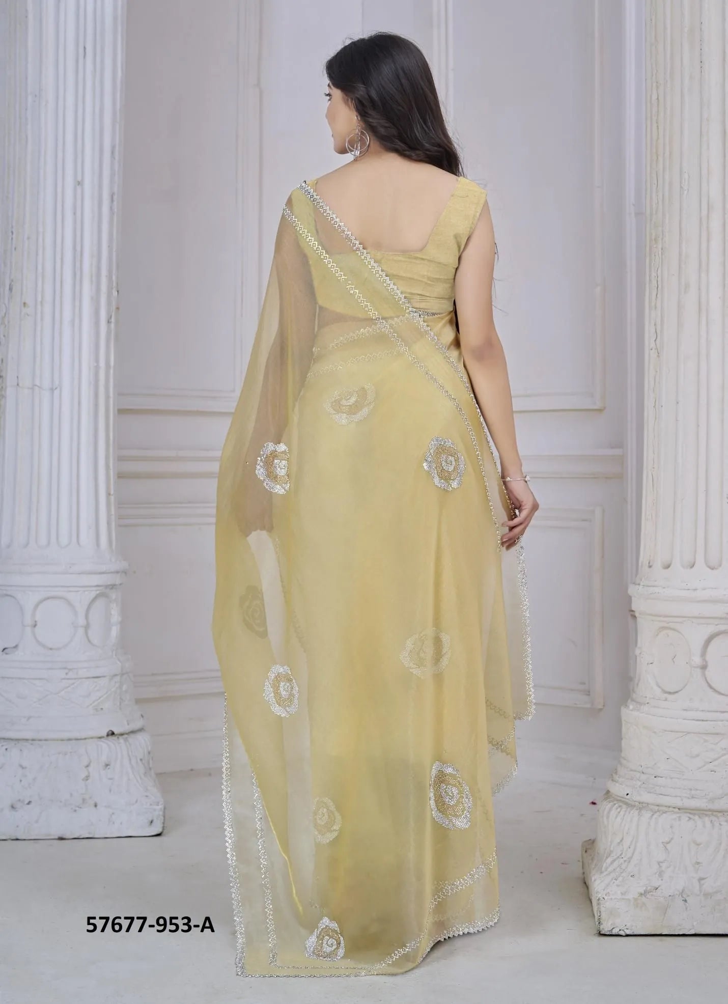 Yellow Organza Zarkan-Work Beautiful Saree For Kitty-Parties