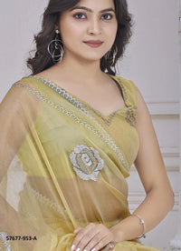 Yellow Organza Zarkan-Work Beautiful Saree For Kitty-Parties