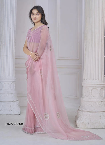 Pink Organza Zarkan-Work Beautiful Saree For Kitty-Parties
