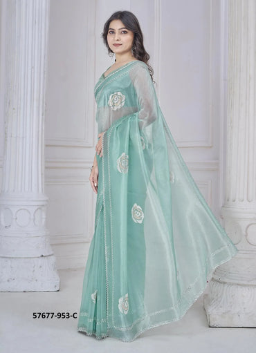 Teal Blue Organza Zarkan-Work Beautiful Saree For Kitty-Parties