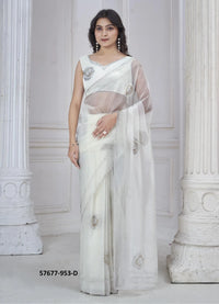 White Organza Zarkan-Work Beautiful Saree For Kitty-Parties