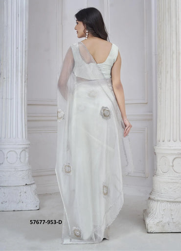 White Organza Zarkan-Work Beautiful Saree For Kitty-Parties