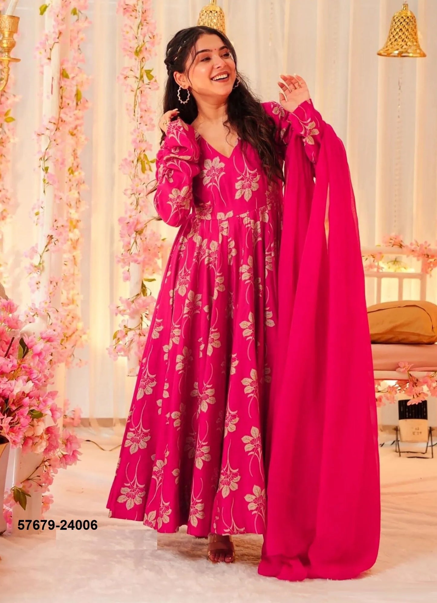 Magenta Heavy Rayon Printed Resort-Wear Readymade Gown With Dupatta