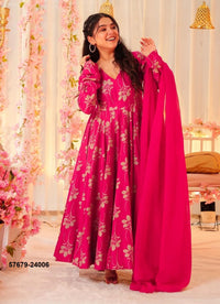 Magenta Heavy Rayon Printed Resort-Wear Readymade Gown With Dupatta