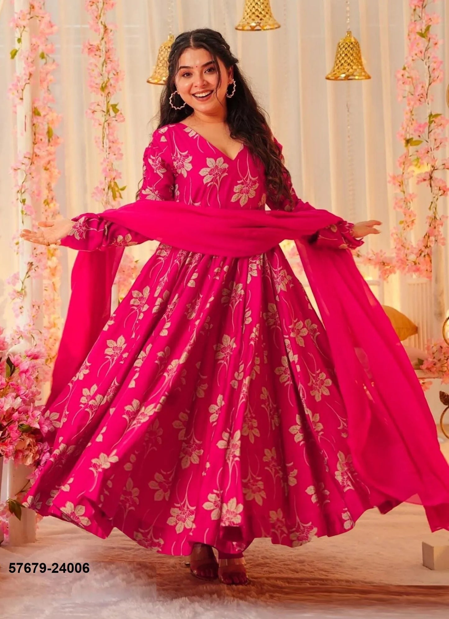 Magenta Heavy Rayon Printed Resort-Wear Readymade Gown With Dupatta