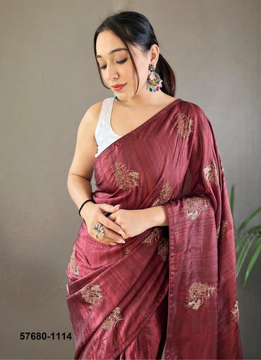 Wine Silk Woven Beautiful Saree For Kitty-Parties