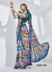 Blue Georgette Digitally Printed Sequins Saree For Kitty-Parties