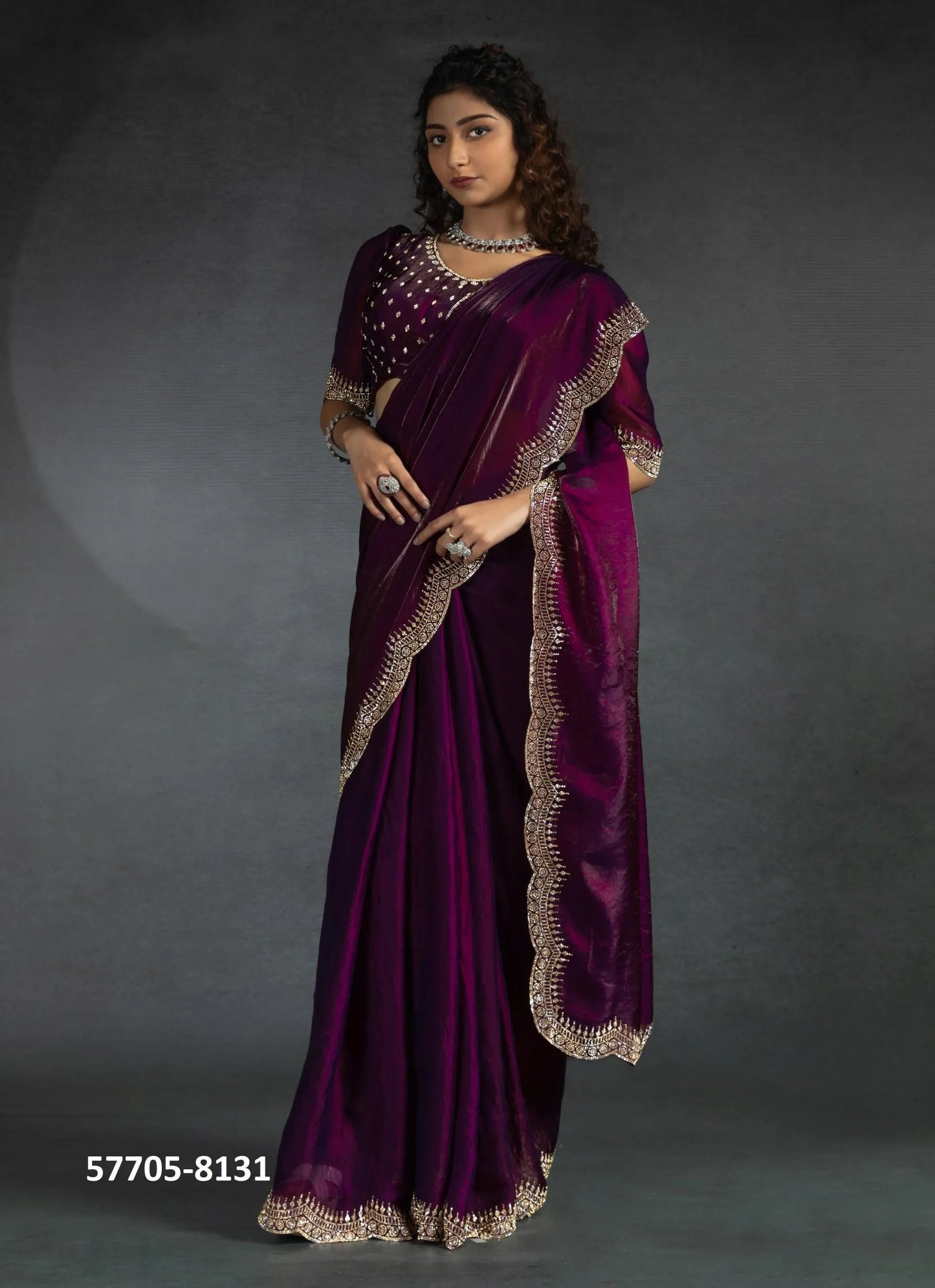 Purple Fendi Satin Silk Two Tone Sequins-Work Evening-Wear Boutique-Style Saree