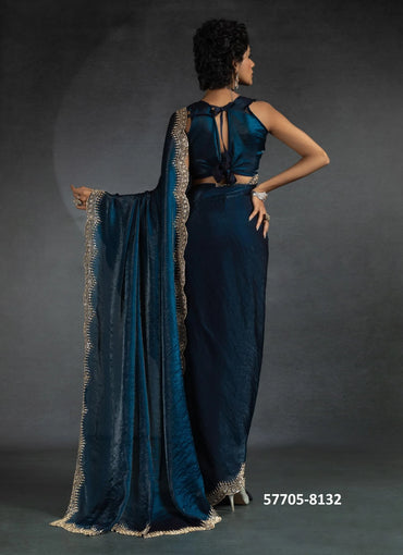 Sea Blue Fendi Satin Silk Two Tone Sequins-Work Evening-Wear Boutique-Style Saree