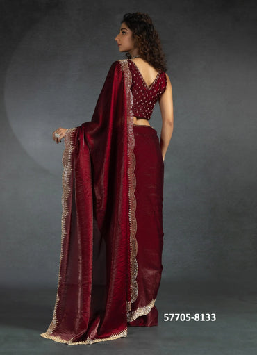 Maroon Fendi Satin Silk Two Tone Sequins-Work Evening-Wear Boutique-Style Saree