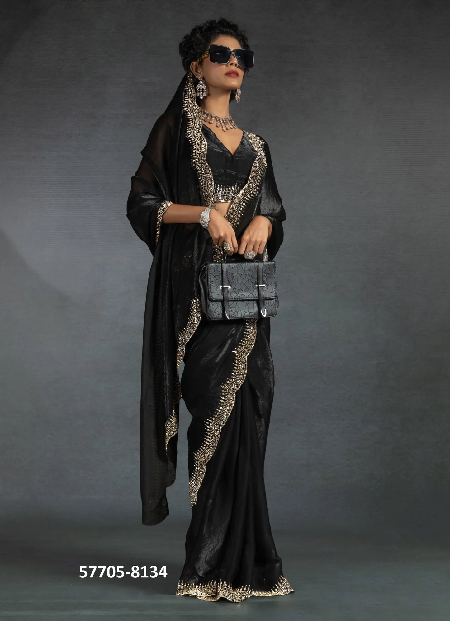 Black Fendi Satin Silk Two Tone Sequins-Work Evening-Wear Boutique-Style Saree