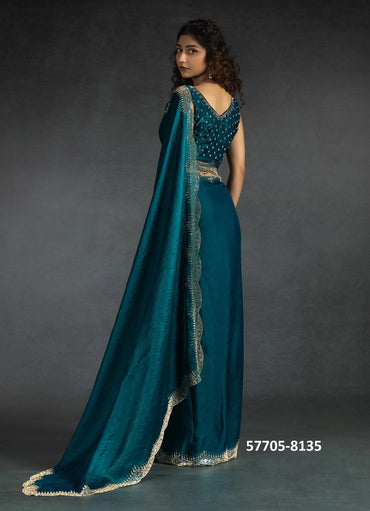 Teal Blue Fendi Satin Silk Two Tone Sequins-Work Evening-Wear Boutique-Style Saree
