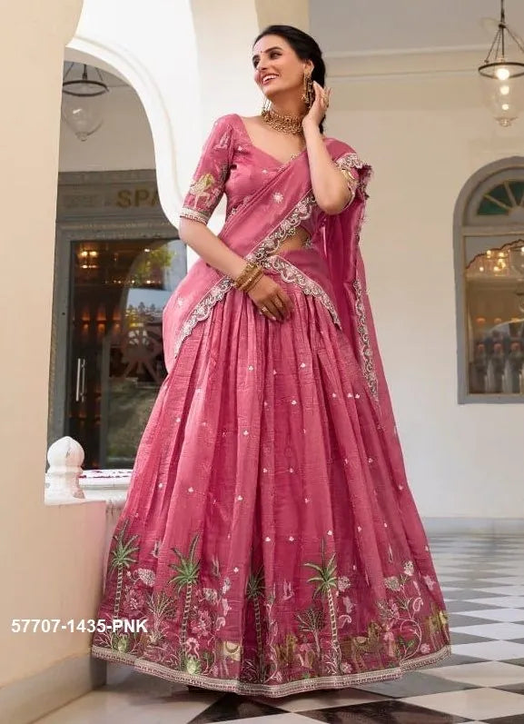 Dark Pink Crush Silk Embroidered Party-Wear Stylish Lehenga Choli